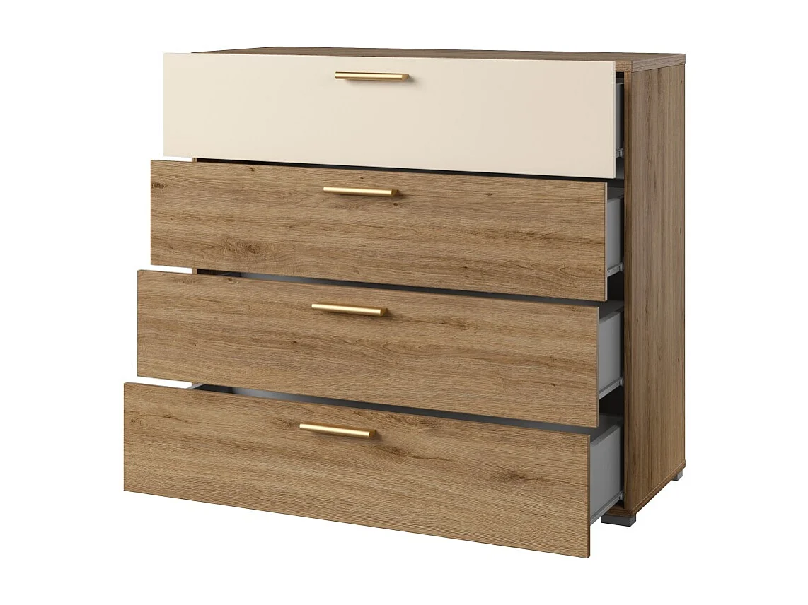 Conjunto completo VERTIGO – Cama baú 180x200, 2 criados-mudos, guarda-roupa de 3 portas, cômoda + quadro decorativo