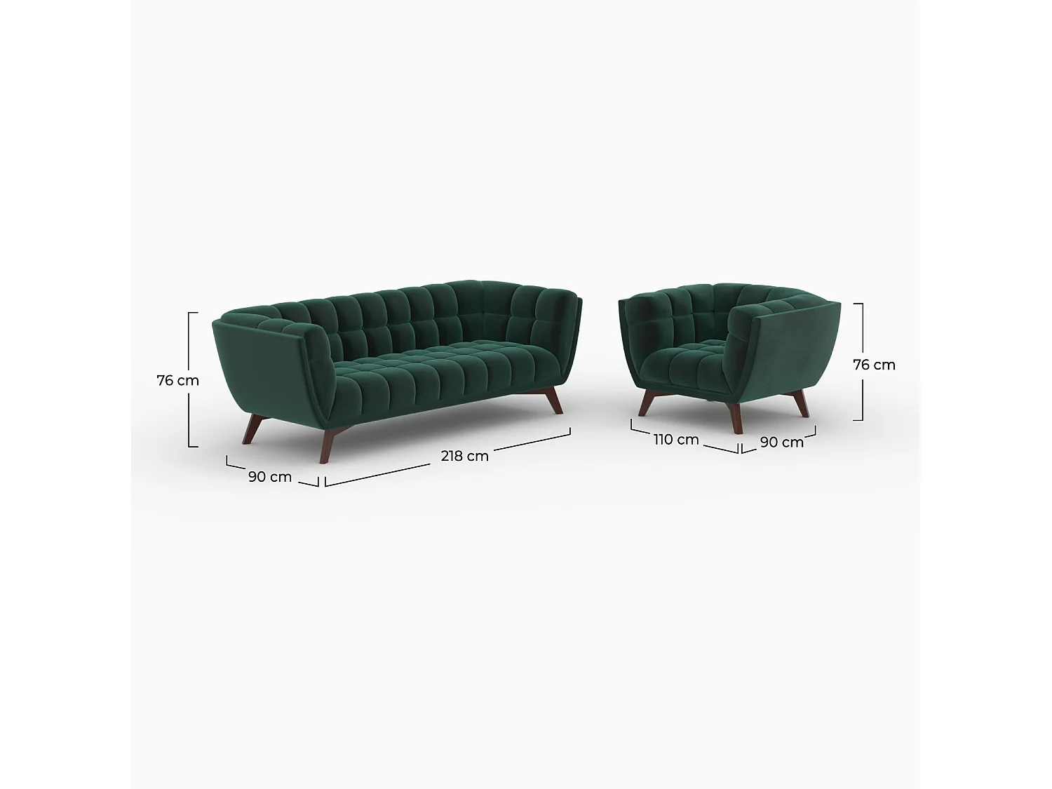 Conjunto de sofá y sillón de terciopelo verde para 4 personas. - Mona