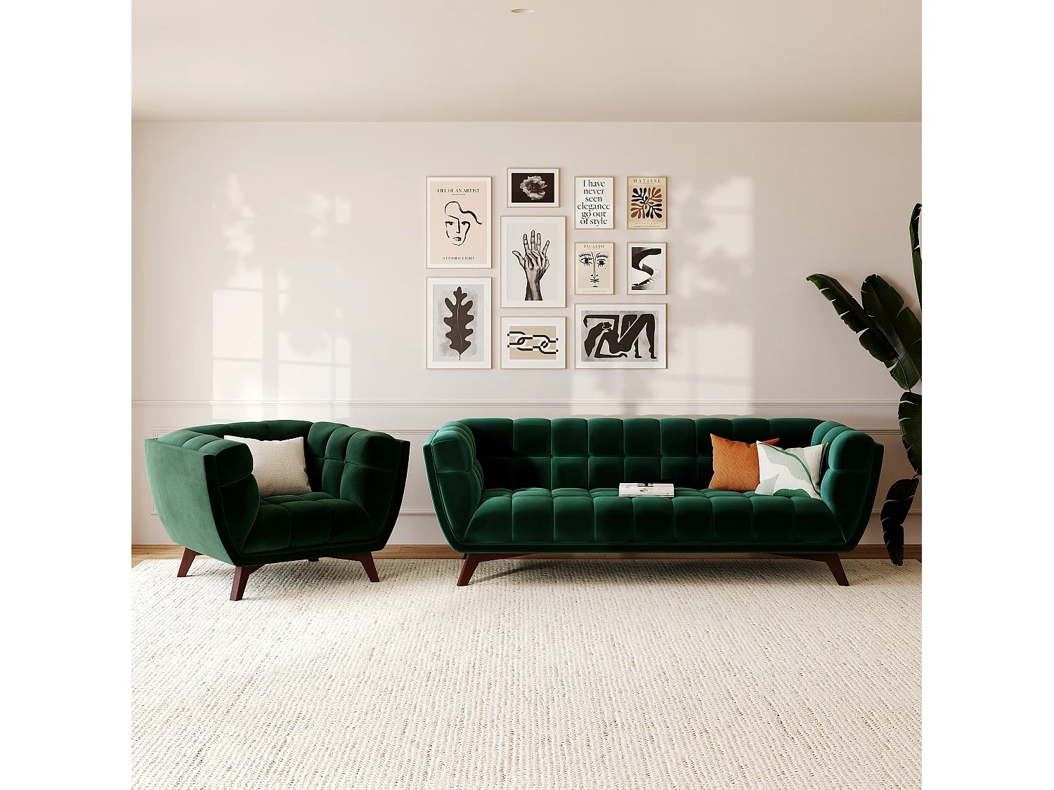 Ensemble canapé et fauteuil en velours vert 4 places - Mona