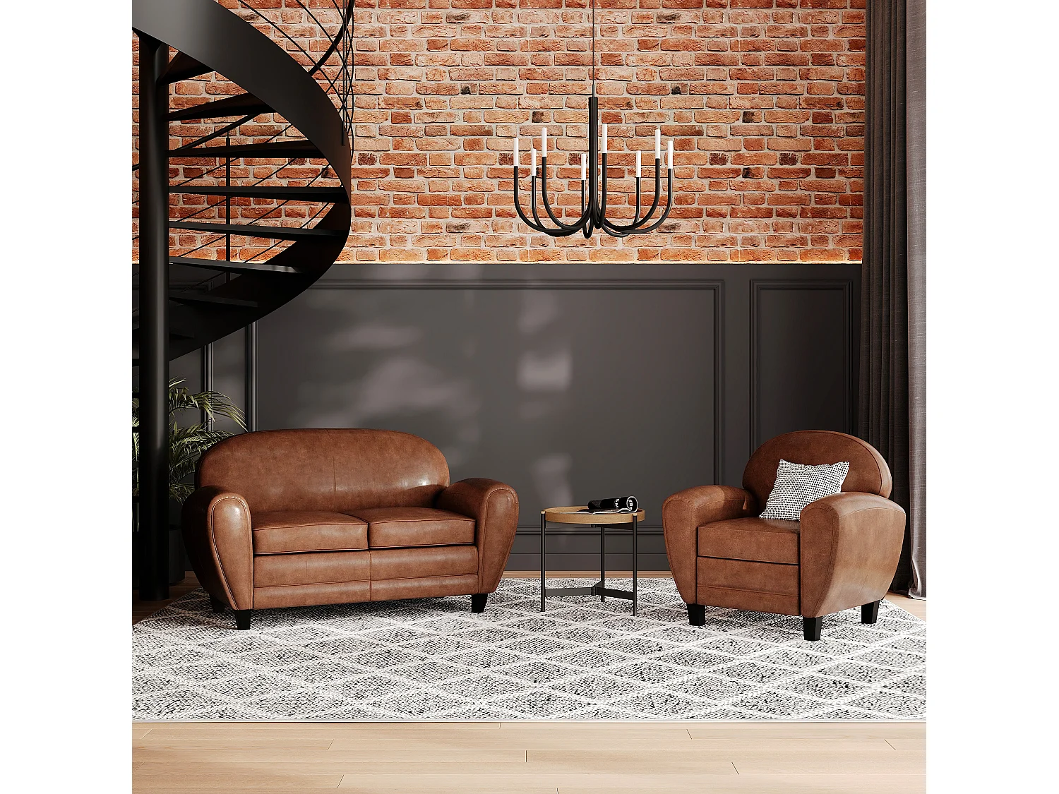 Ensemble canapé et fauteuil camel 3 places - Club