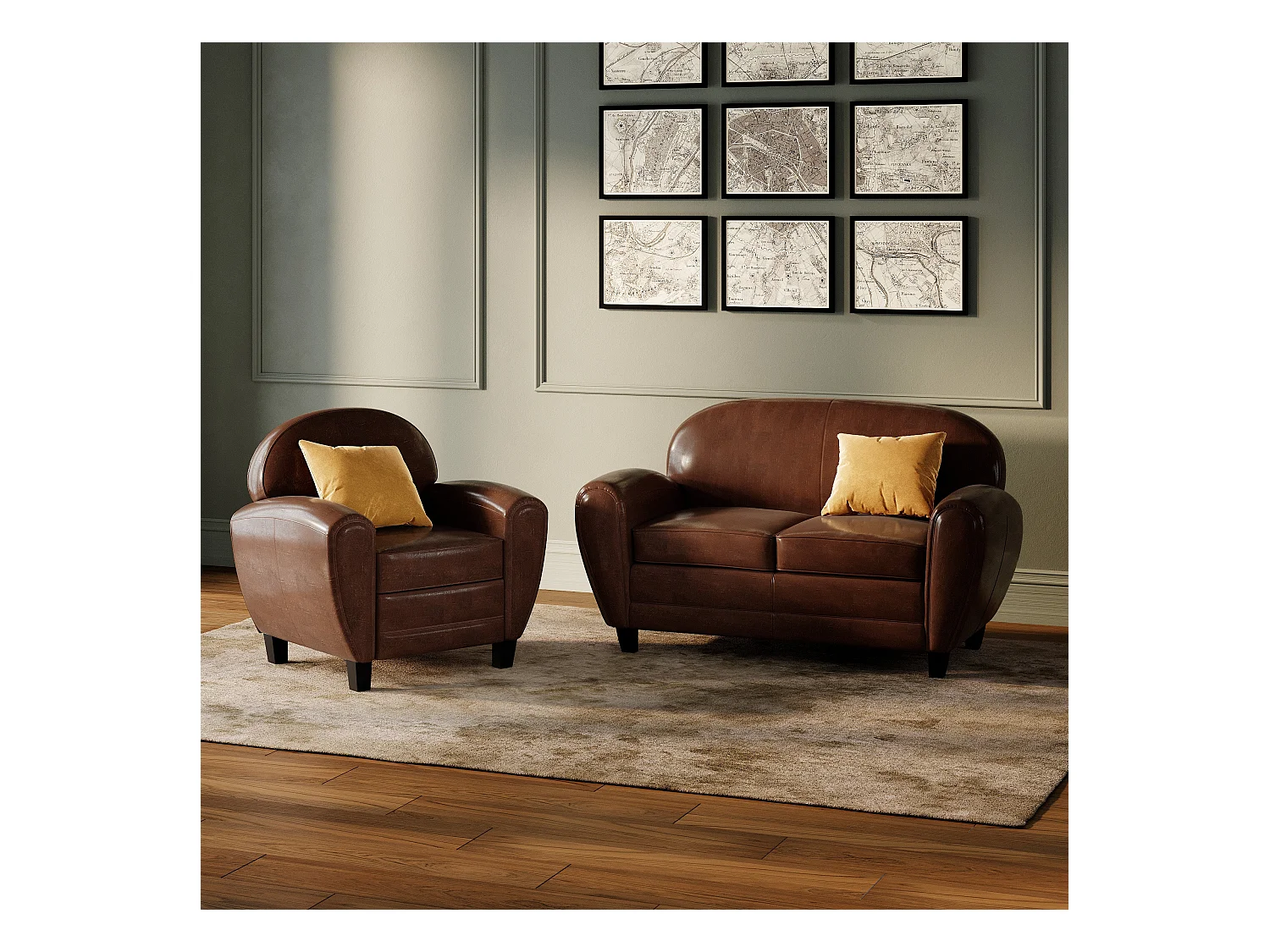 Ensemble canapé et fauteuil marron foncé 3 places - Club - Club