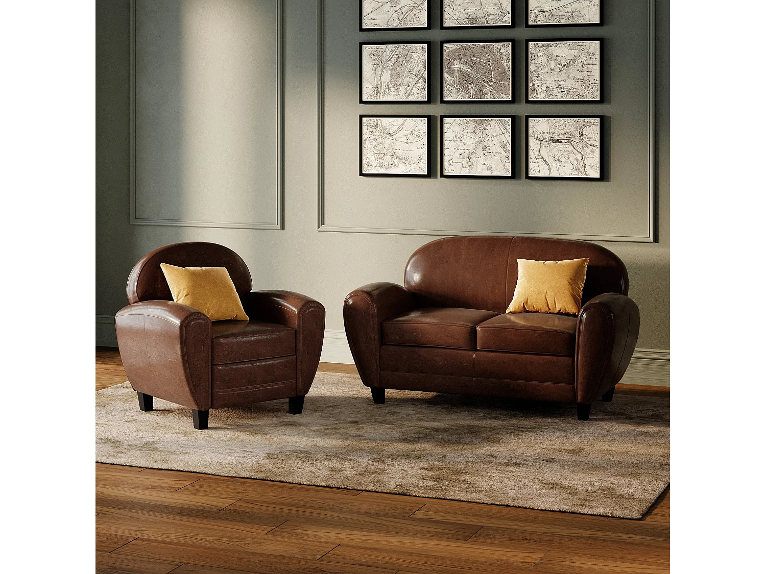 Ensemble canapé et fauteuil marron foncé 3 places - Club - Club