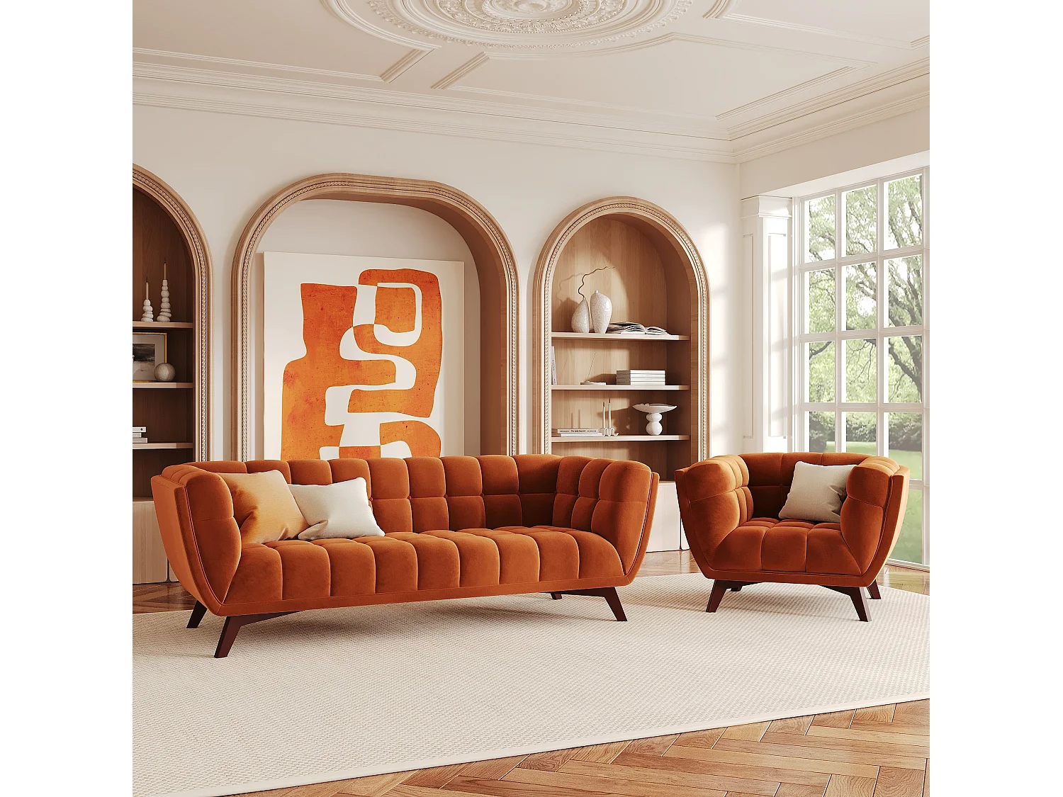 Ensemble canapé et fauteuil en velours orange 4 places - Mona