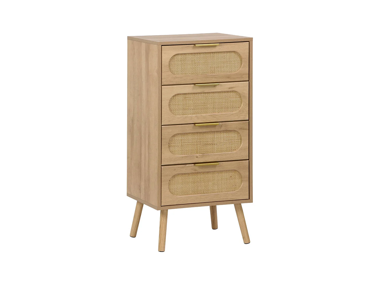 Commode chiffonnier effet bois et cannage 4 tiroirs naturel. poignée en métal doré - L 48 x P 39.5 x H 96 cm - Eva