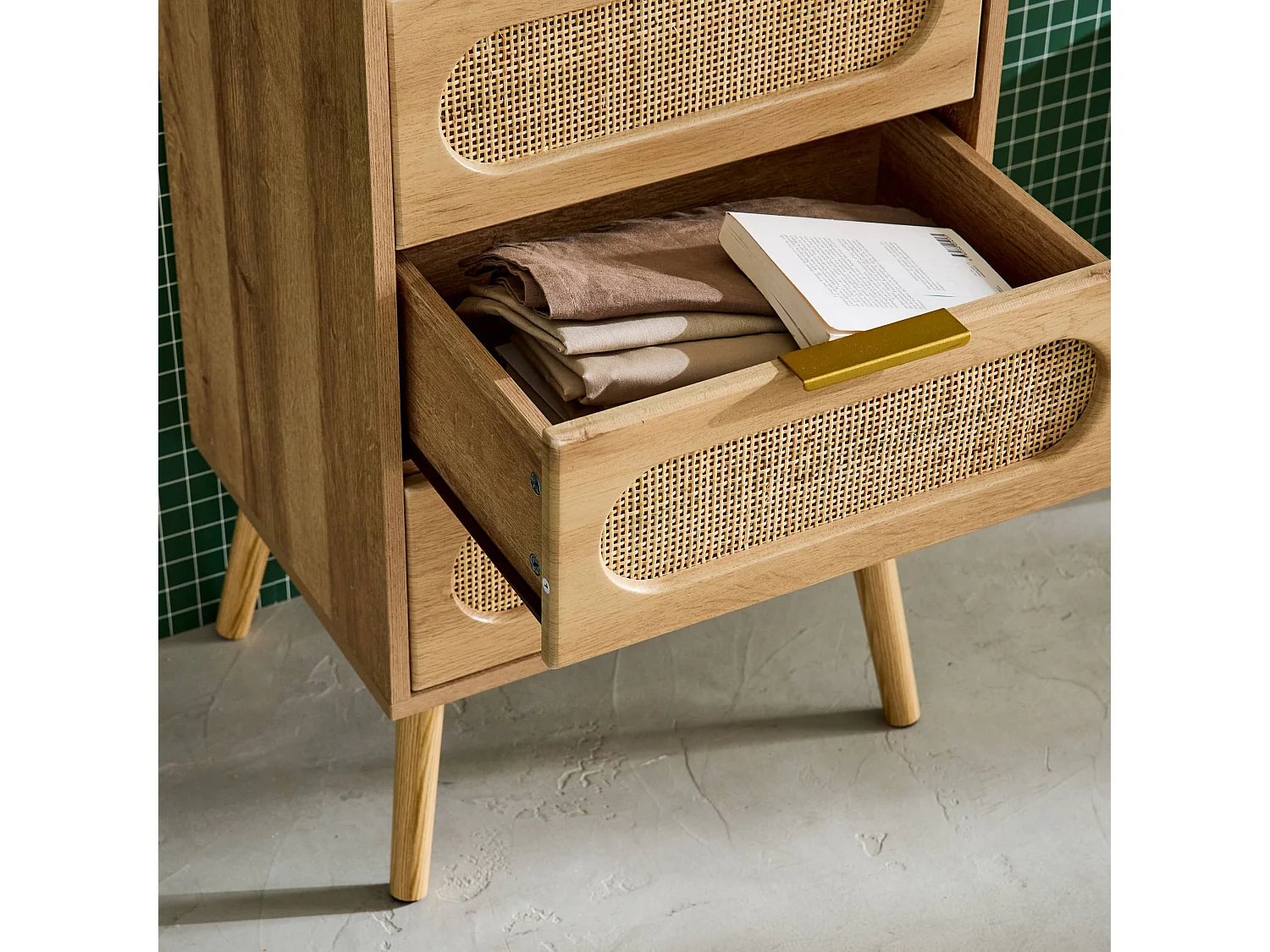 Cassettiera decorata legno con 4 cassetti, marrone naturale