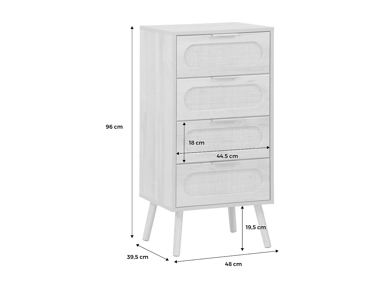 Cassettiera decorata legno con 4 cassetti, marrone naturale