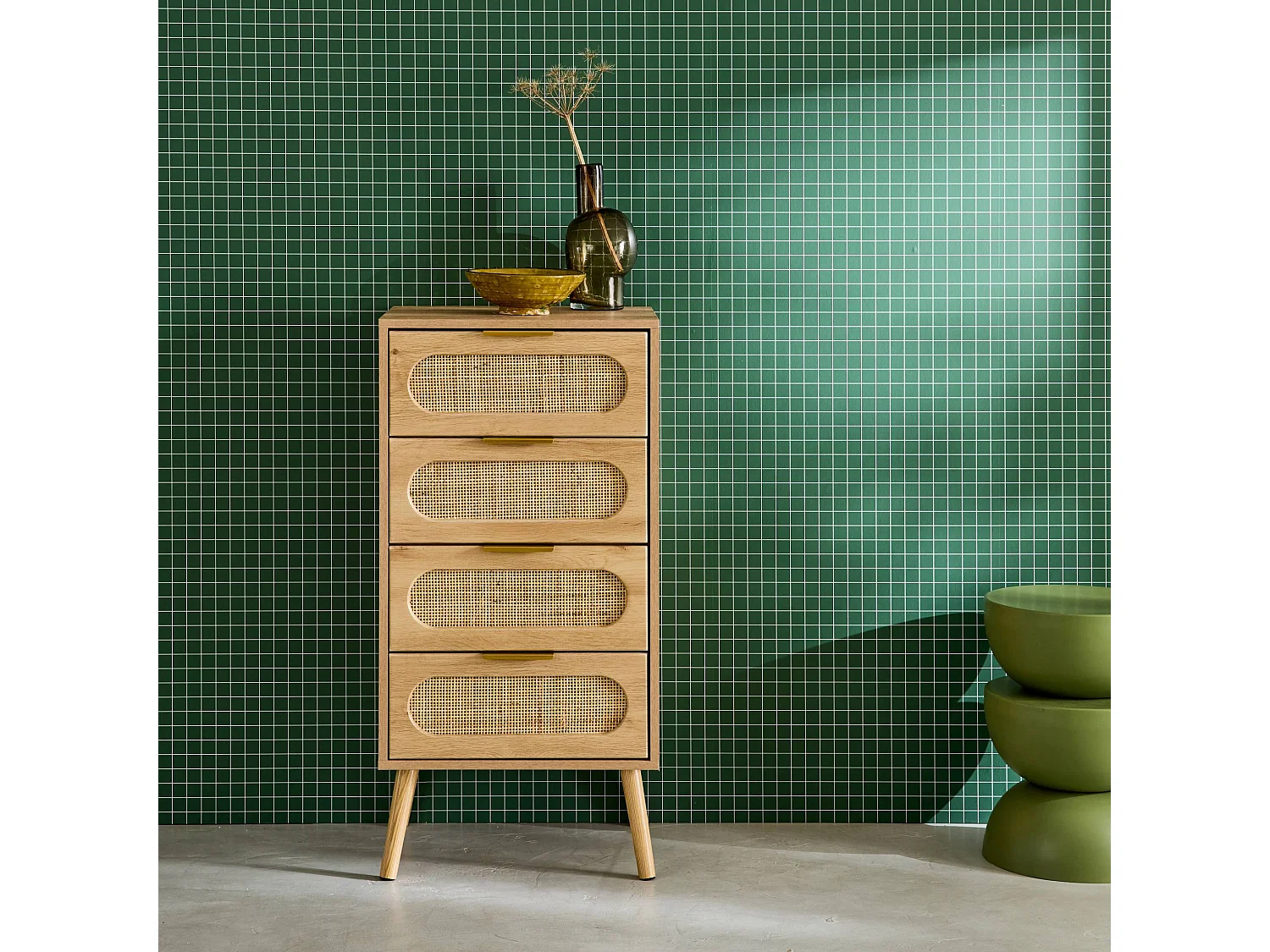 Cassettiera decorata legno con 4 cassetti, marrone naturale