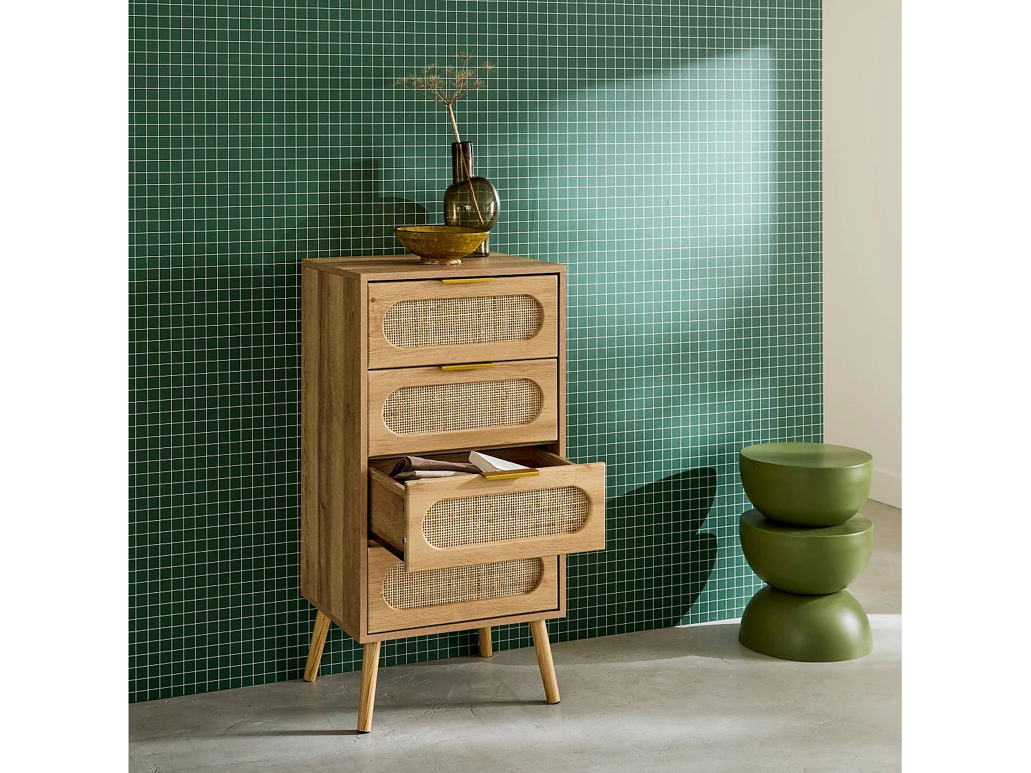 Cassettiera decorata legno con 4 cassetti, marrone naturale