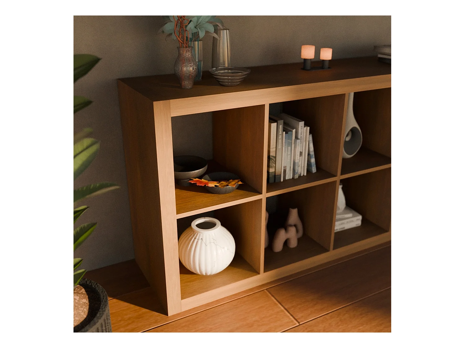 Etagère bibliothèque 4 niveaux 8 compartiments. casiers. effet bois de manguier. L 76 x P 39 x H 146cm