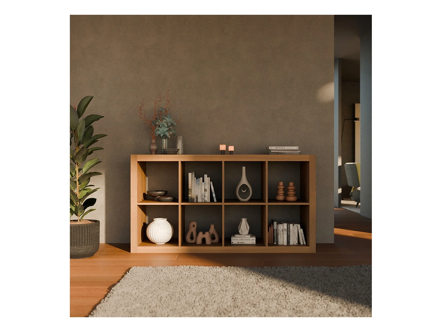 Etagère bibliothèque 4 niveaux 8 compartiments. casiers. effet bois de manguier. L 76 x P 39 x H 146cm