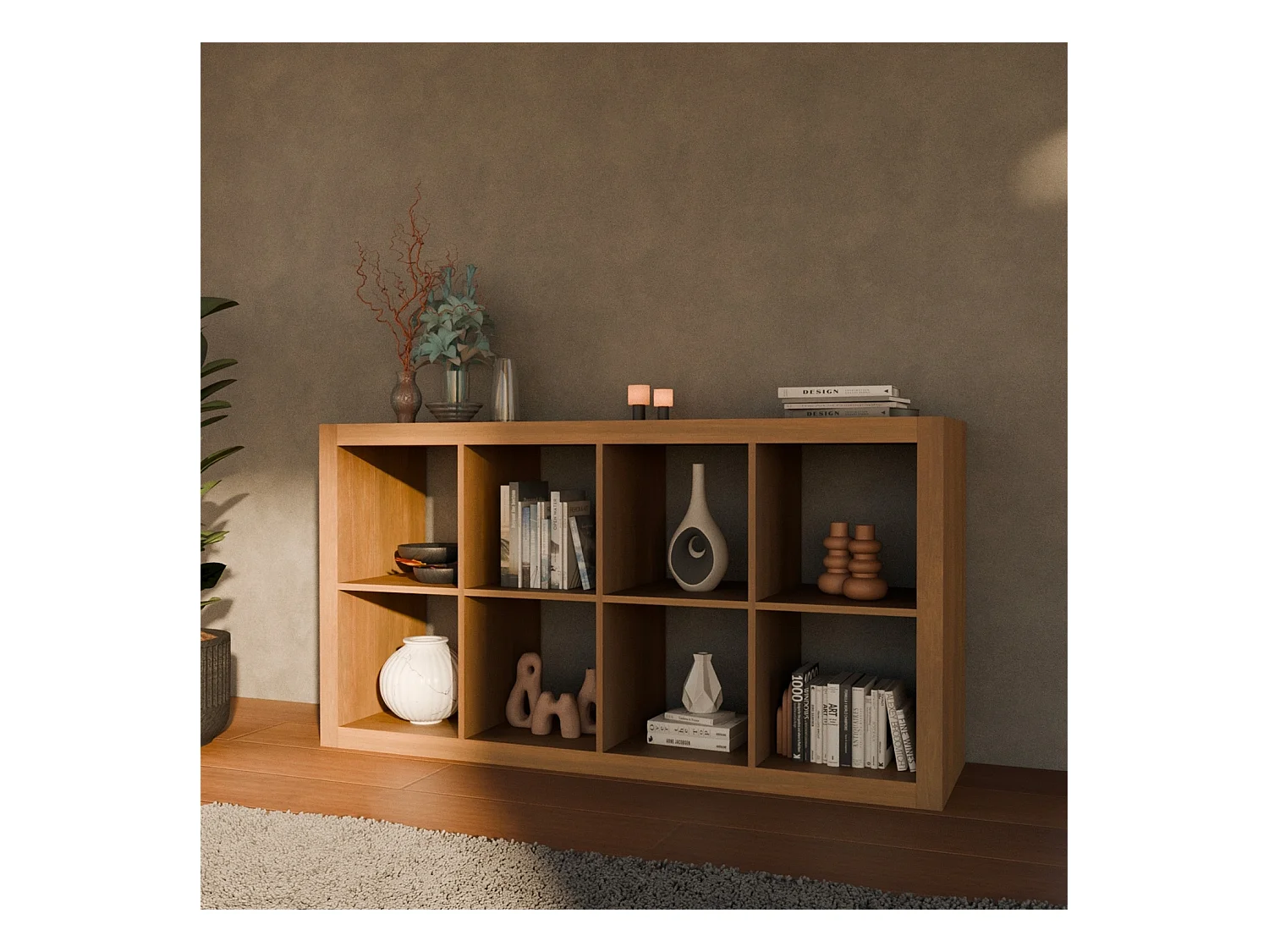 Etagère bibliothèque 4 niveaux 8 compartiments. casiers. effet bois de manguier. L 76 x P 39 x H 146cm