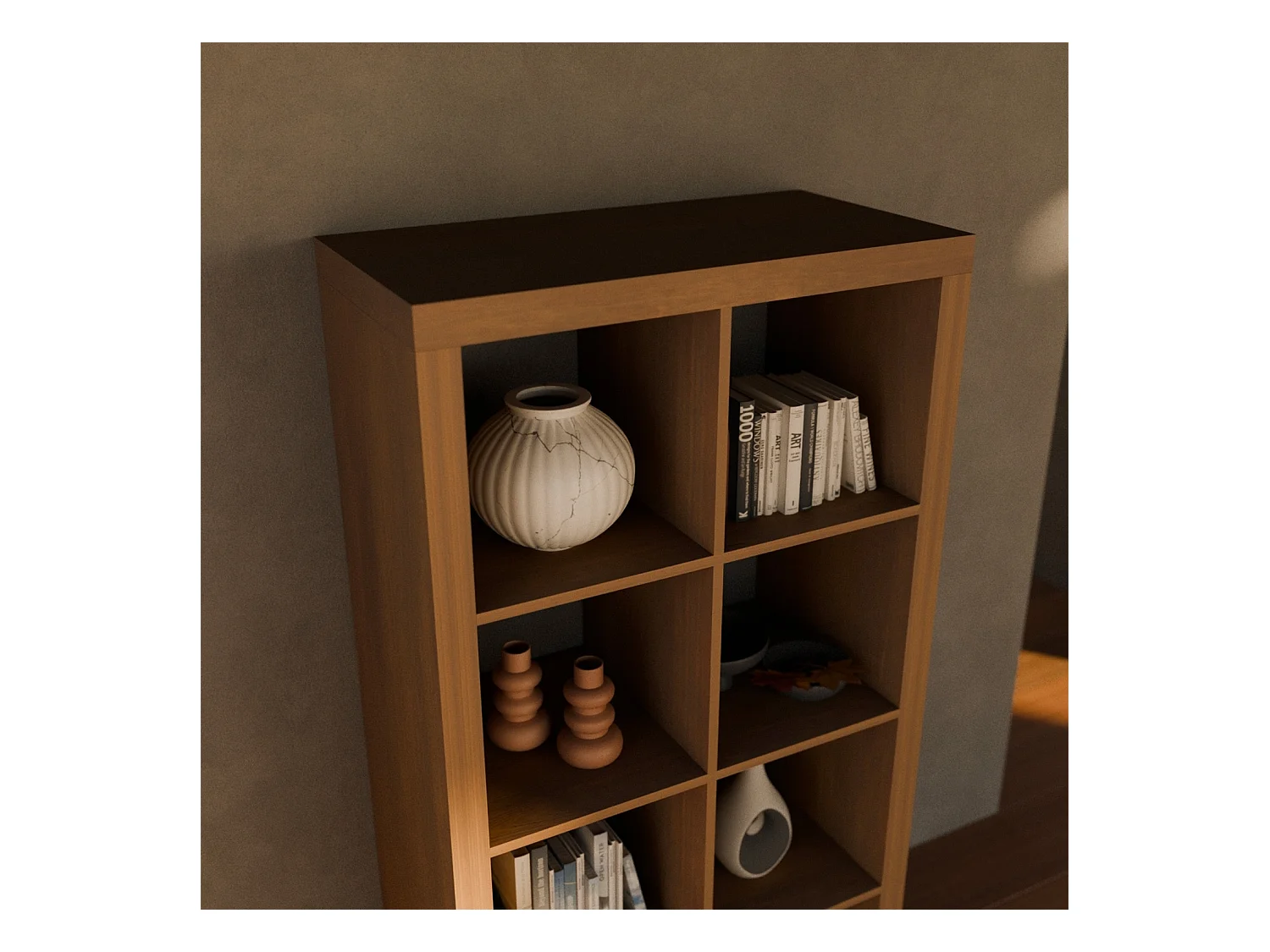 Etagère bibliothèque 4 niveaux 8 compartiments. casiers. effet bois de manguier. L 76 x P 39 x H 146cm