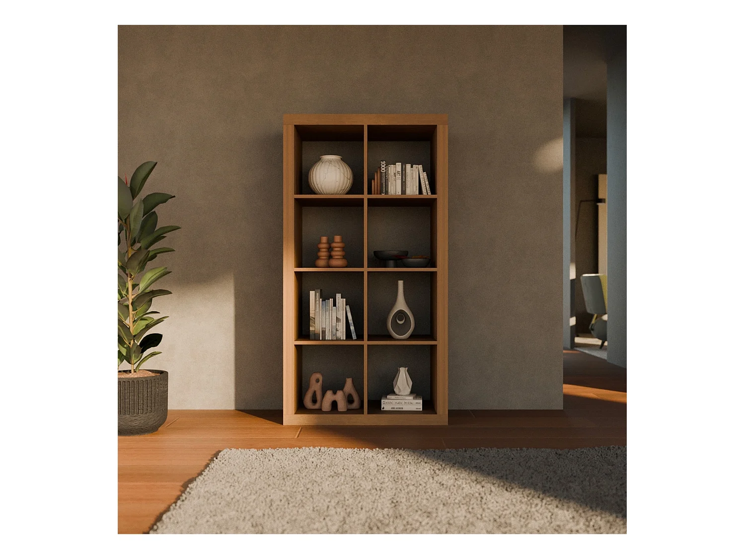 Etagère bibliothèque 4 niveaux 8 compartiments. casiers. effet bois de manguier. L 76 x P 39 x H 146cm