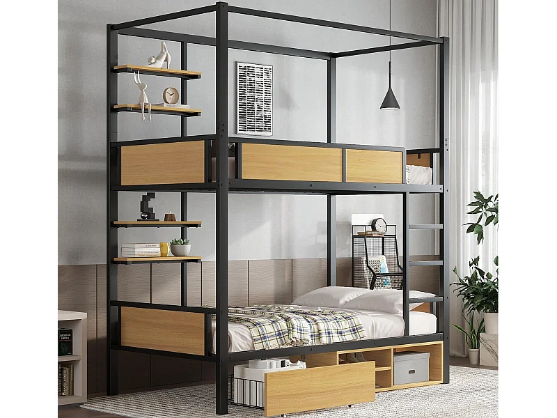 Beliche 90×200 cm - com prateleira - com 1 gaveta e compartimento de armazenamento - Metal + MDF - Preto + Natural