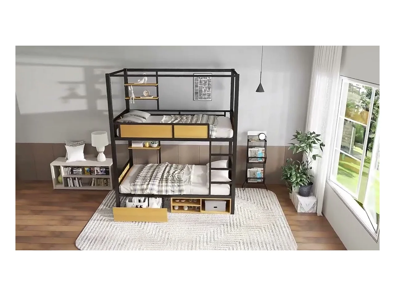 Beliche 90×200 cm - com prateleira - com 1 gaveta e compartimento de armazenamento - Metal + MDF - Preto + Natural