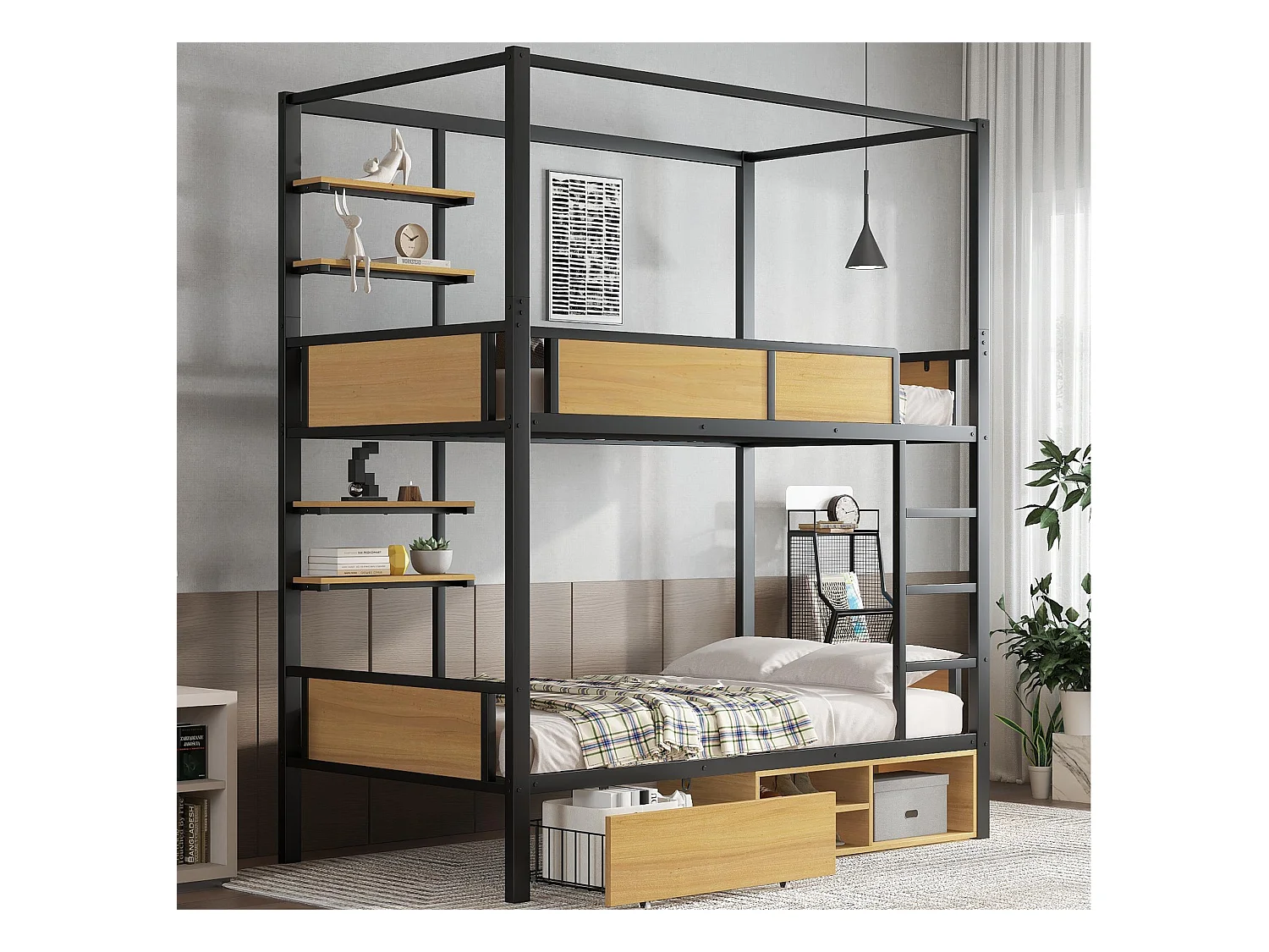 Beliche 90×200 cm - com prateleira - com 1 gaveta e compartimento de armazenamento - Metal + MDF - Preto + Natural