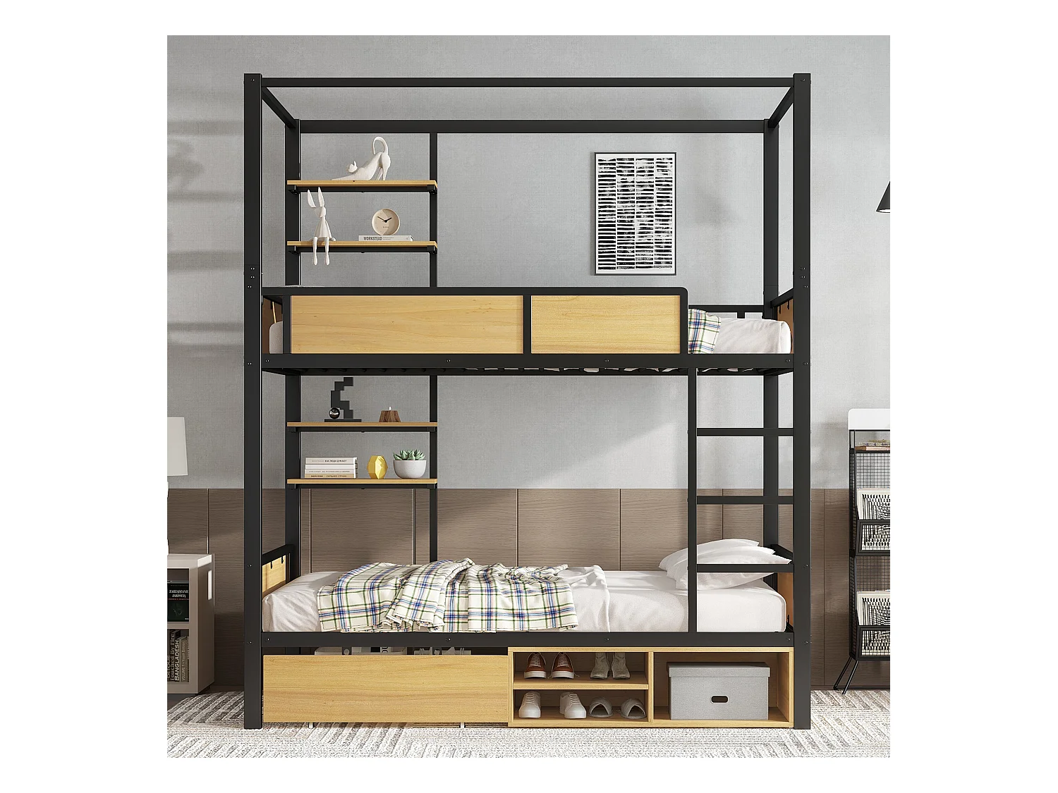 Beliche 90×200 cm - com prateleira - com 1 gaveta e compartimento de armazenamento - Metal + MDF - Preto + Natural