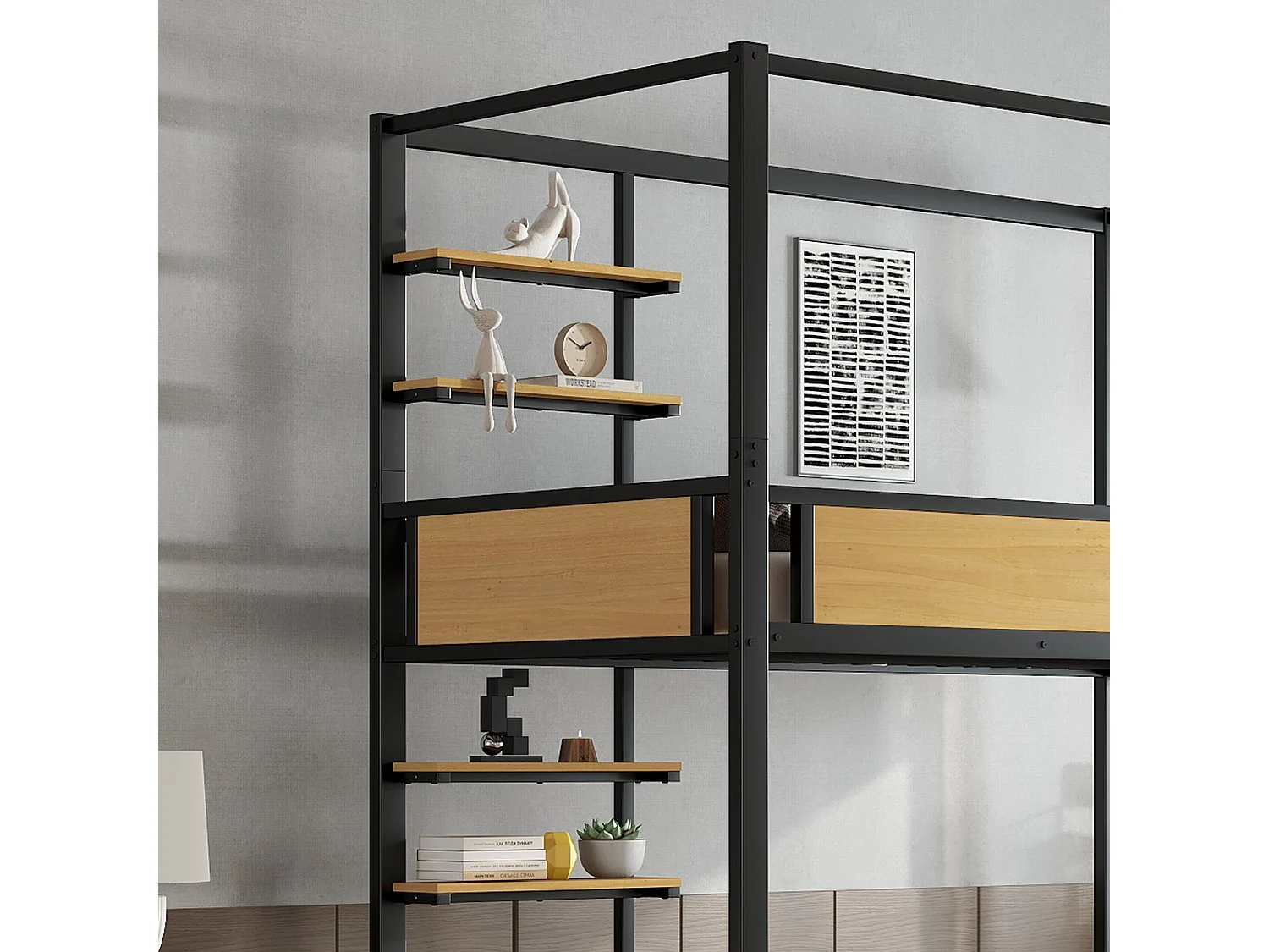 Beliche 90×200 cm - com prateleira - com 1 gaveta e compartimento de armazenamento - Metal + MDF - Preto + Natural