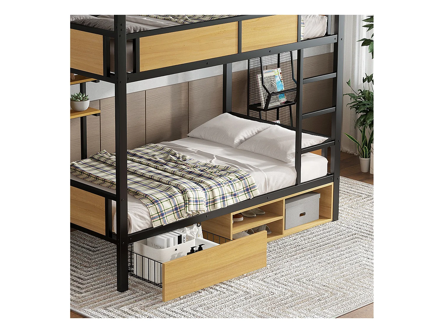 Beliche 90×200 cm - com prateleira - com 1 gaveta e compartimento de armazenamento - Metal + MDF - Preto + Natural