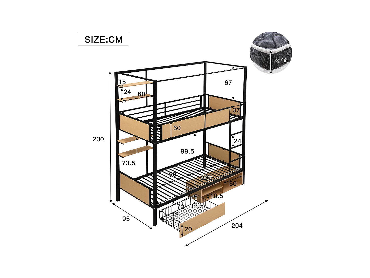 Beliche 90×200 cm - com prateleira - com 1 gaveta e compartimento de armazenamento - Metal + MDF - Preto + Natural