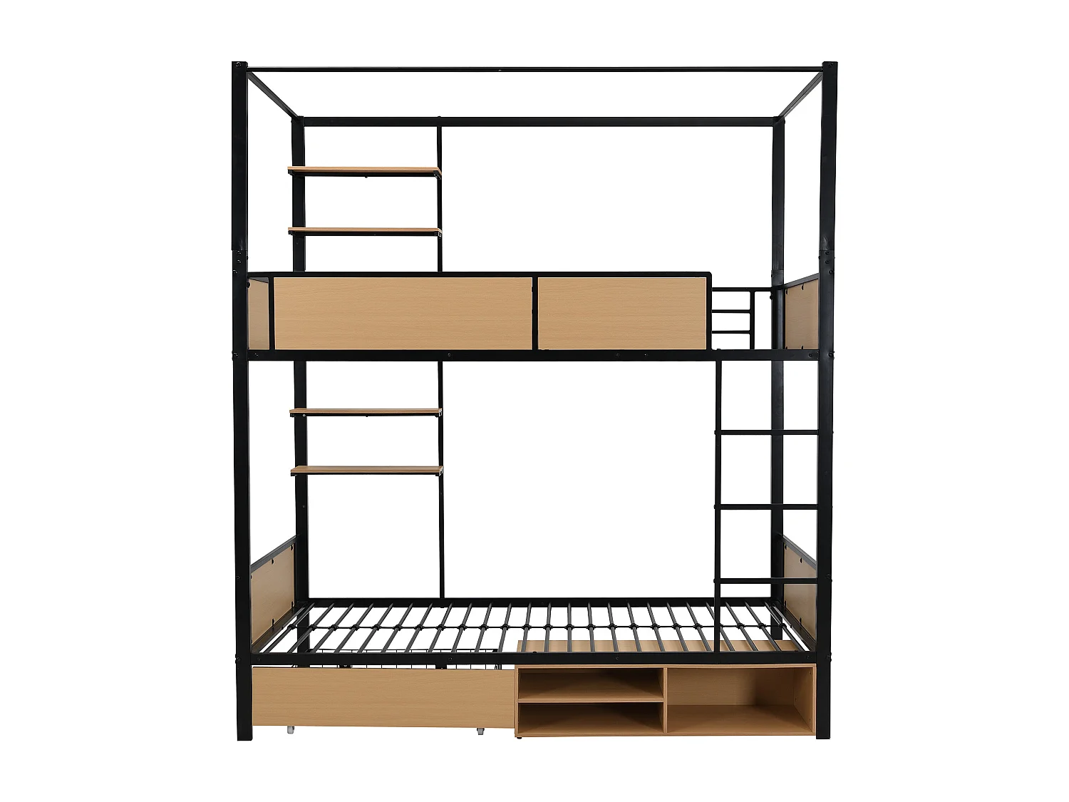 Beliche 90×200 cm - com prateleira - com 1 gaveta e compartimento de armazenamento - Metal + MDF - Preto + Natural