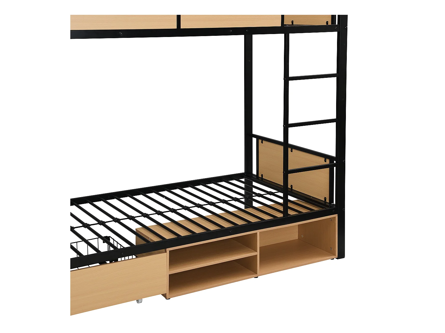 Beliche 90×200 cm - com prateleira - com 1 gaveta e compartimento de armazenamento - Metal + MDF - Preto + Natural