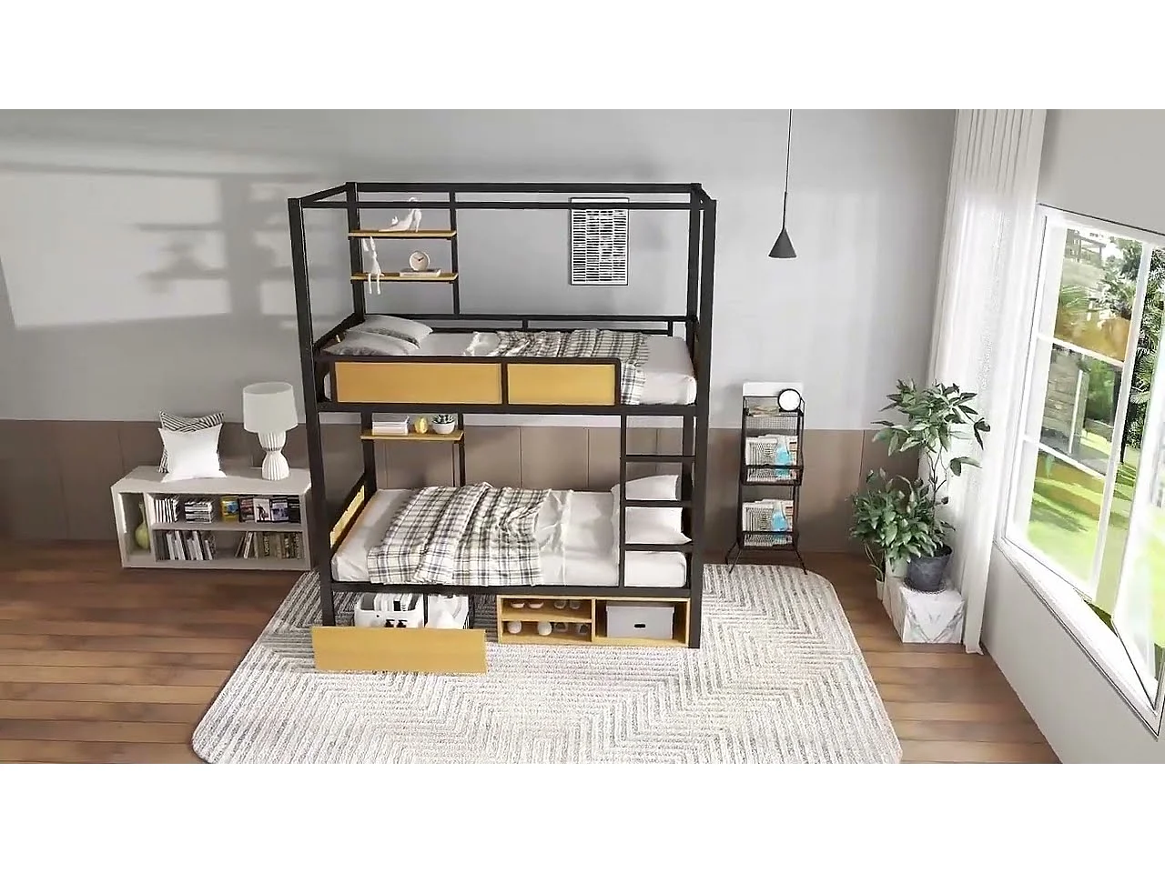 Lit superposé 90x200 cm - avec étagère - avec 1 tiroir et compartiment de rangement - Métal + MDF - Noir + Naturel