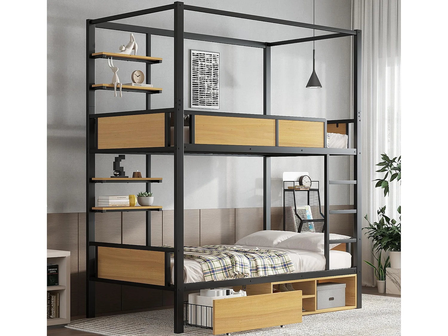 Lit superposé 90x200 cm - avec étagère - avec 1 tiroir et compartiment de rangement - Métal + MDF - Noir + Naturel