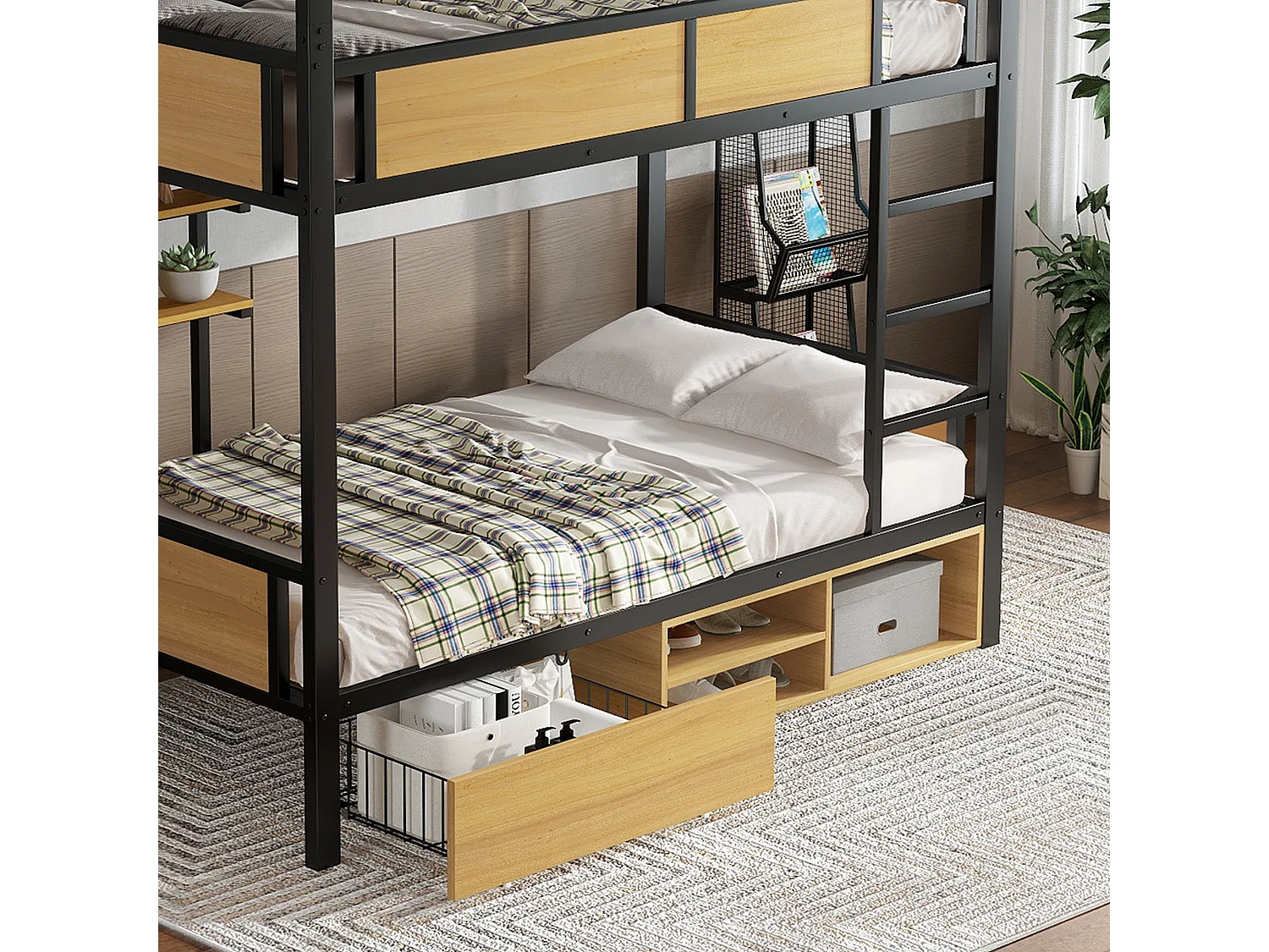 Lit superposé 90x200 cm - avec étagère - avec 1 tiroir et compartiment de rangement - Métal + MDF - Noir + Naturel