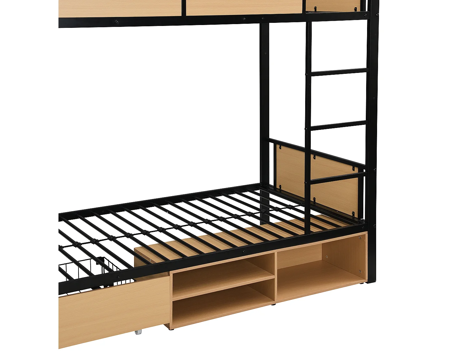 Lit superposé 90x200 cm - avec étagère - avec 1 tiroir et compartiment de rangement - Métal + MDF - Noir + Naturel