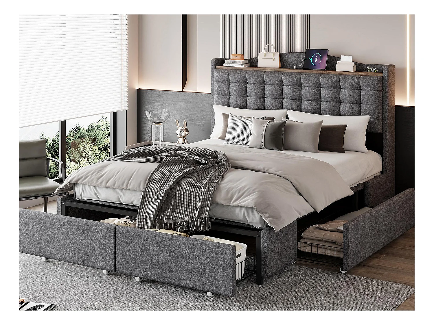 Lit rembourré 140x200 cm - Lit adulte - Avec recharge USB - Avec 4 tiroirs - Lin - Gris (sans matelas)