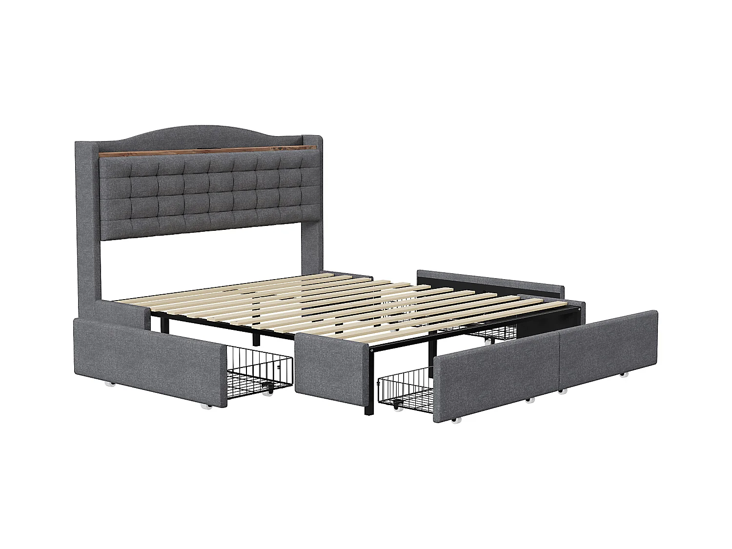 Lit rembourré 140x200 cm - Lit adulte - Avec recharge USB - Avec 4 tiroirs - Lin - Gris (sans matelas)
