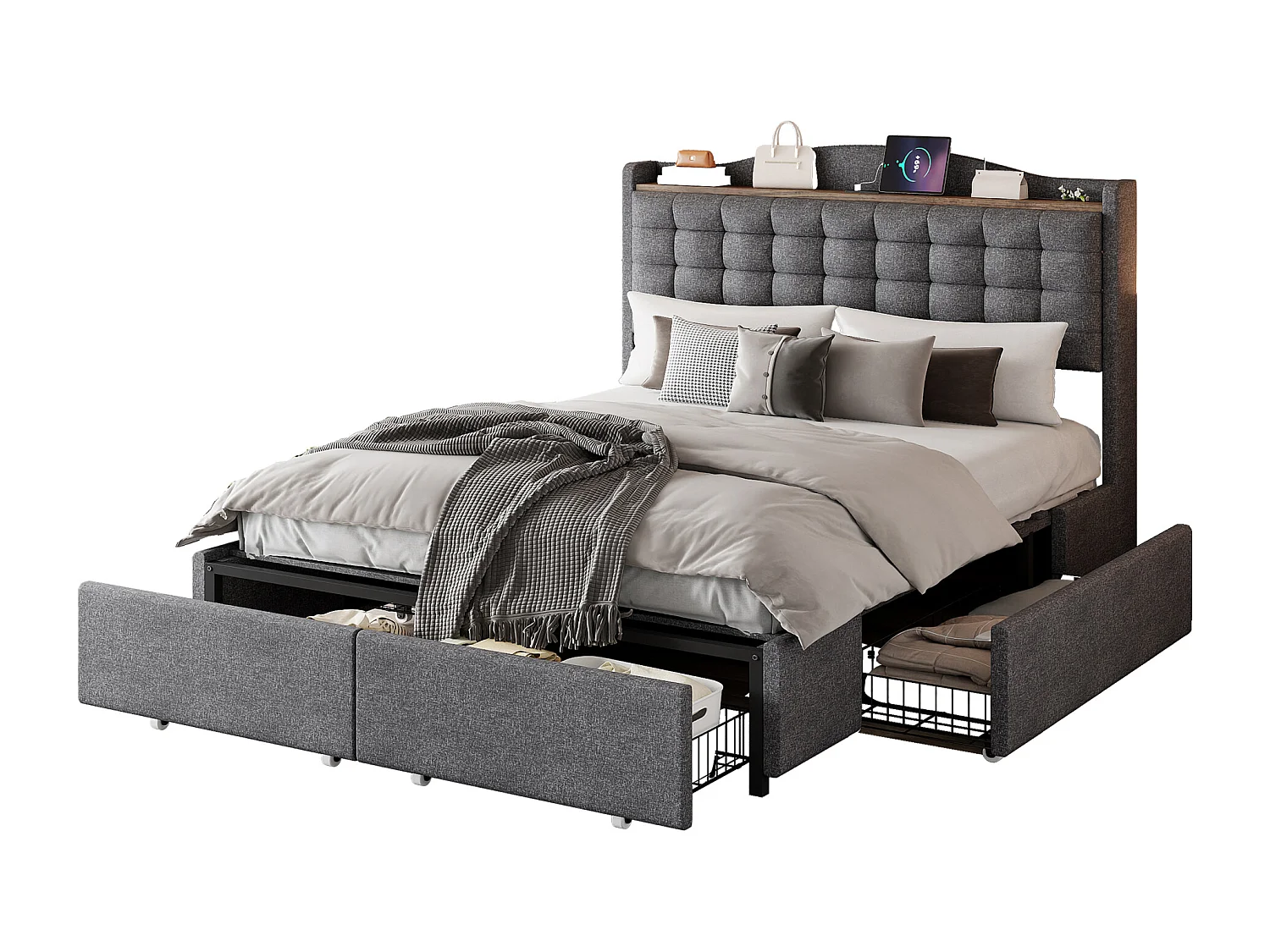 Lit rembourré 140x200 cm - Lit adulte - Avec recharge USB - Avec 4 tiroirs - Lin - Gris (sans matelas)