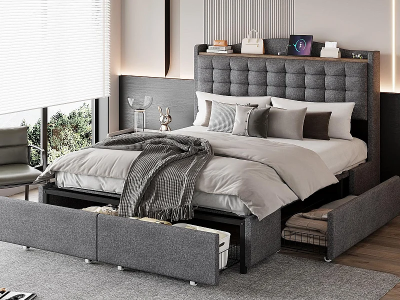 Gepolsterd bed 140x200 cm - Volwassen bed - Met USB-oplaadpoort - Met 4 lades - Linnen - Grijs (zonder matras)