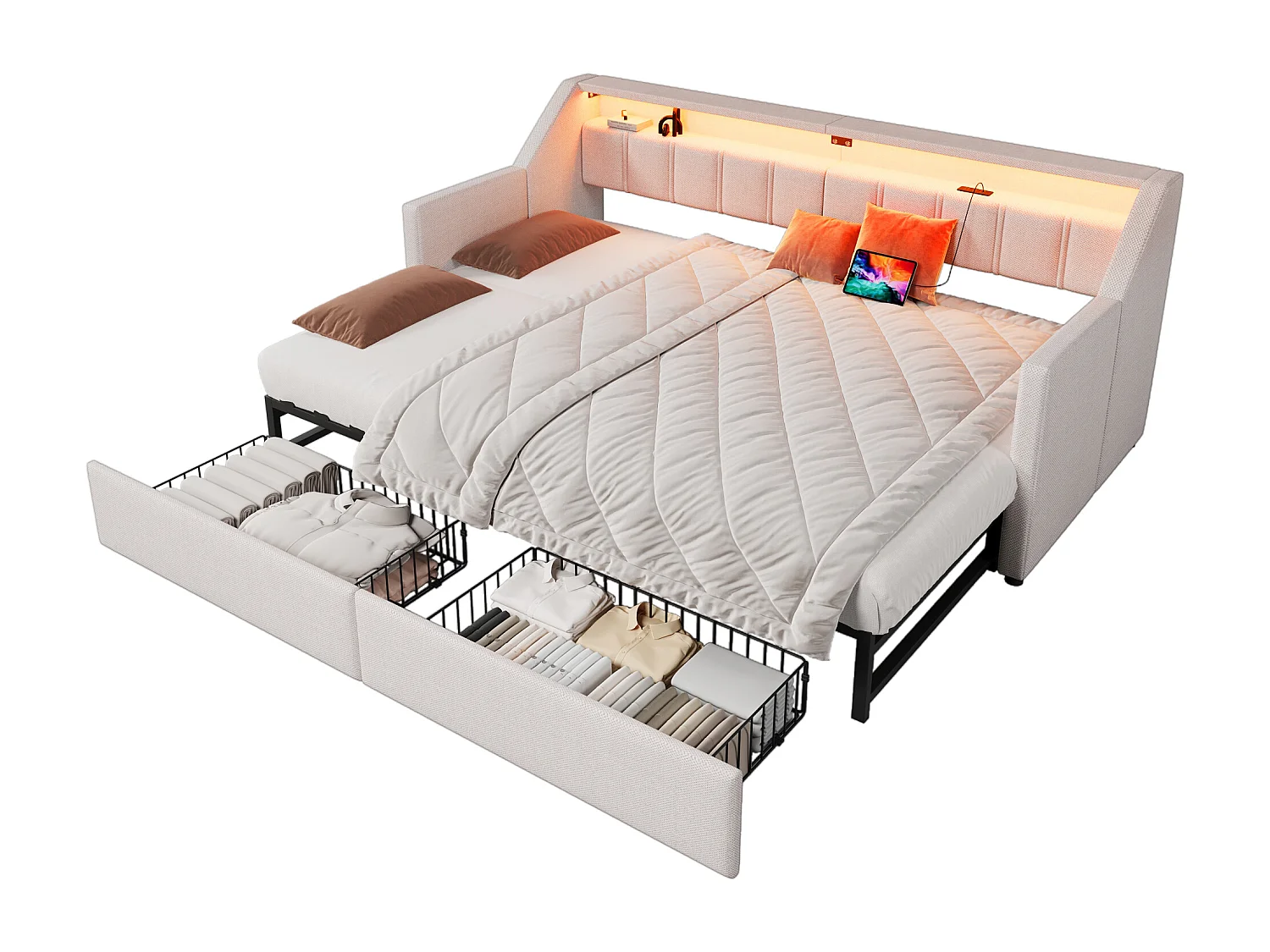 Canapé-lit 90x200cm - avec USB + Type-C - avec éclairage LED - avec 2 tiroirs - beige (sans matelas)