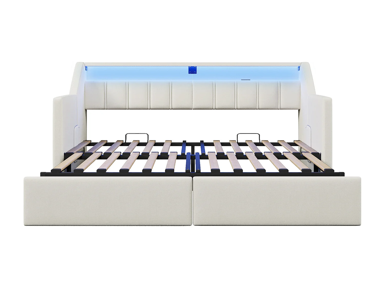 Canapé-lit 90x200cm - avec USB + Type-C - avec éclairage LED - avec 2 tiroirs - beige (sans matelas)