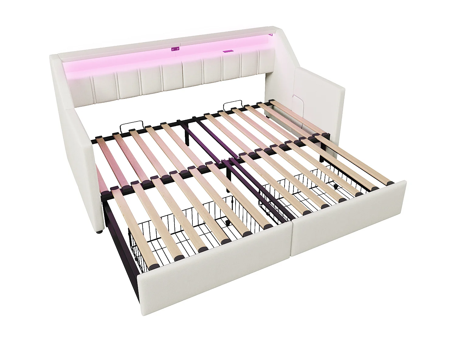 Canapé-lit 90x200cm - avec USB + Type-C - avec éclairage LED - avec 2 tiroirs - beige (sans matelas)