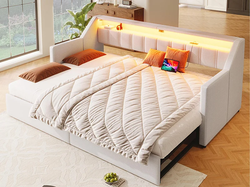 Canapé-lit 90x200cm - avec USB + Type-C - avec éclairage LED - avec 2 tiroirs - beige (sans matelas)