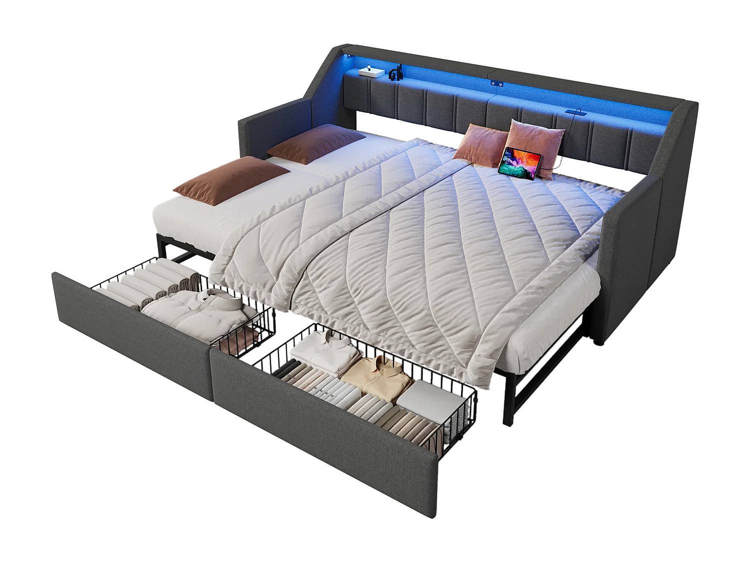 Sofa z funkcją spania 90x200cm - z USB + Type-C - z oświetleniem LED - z 2 szufladami - szara (bez materaca)