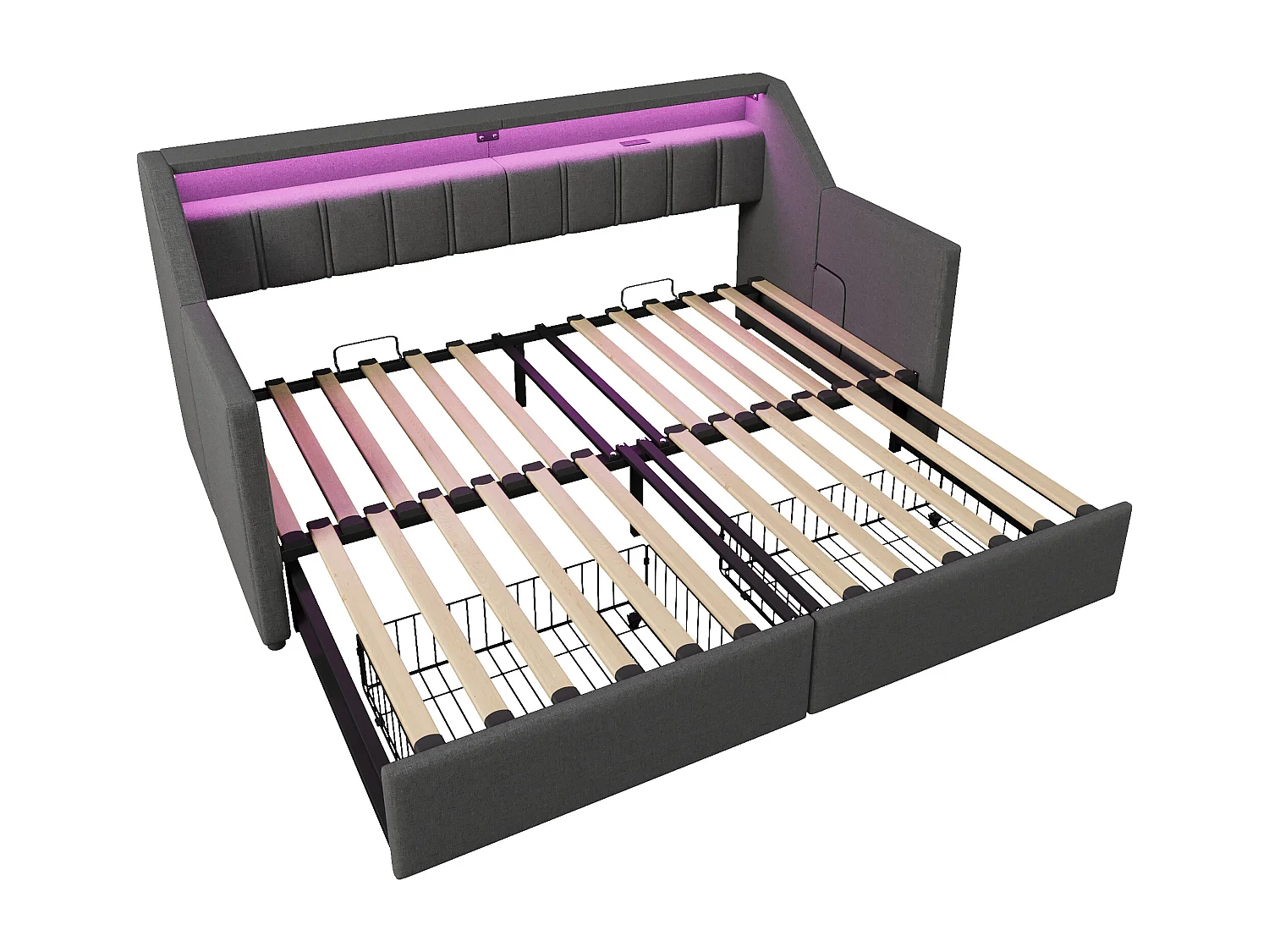 Sofa z funkcją spania 90x200cm - z USB + Type-C - z oświetleniem LED - z 2 szufladami - szara (bez materaca)