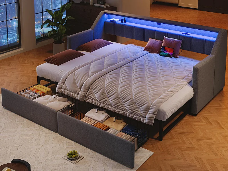 Sofa z funkcją spania 90x200cm - z USB + Type-C - z oświetleniem LED - z 2 szufladami - szara (bez materaca)