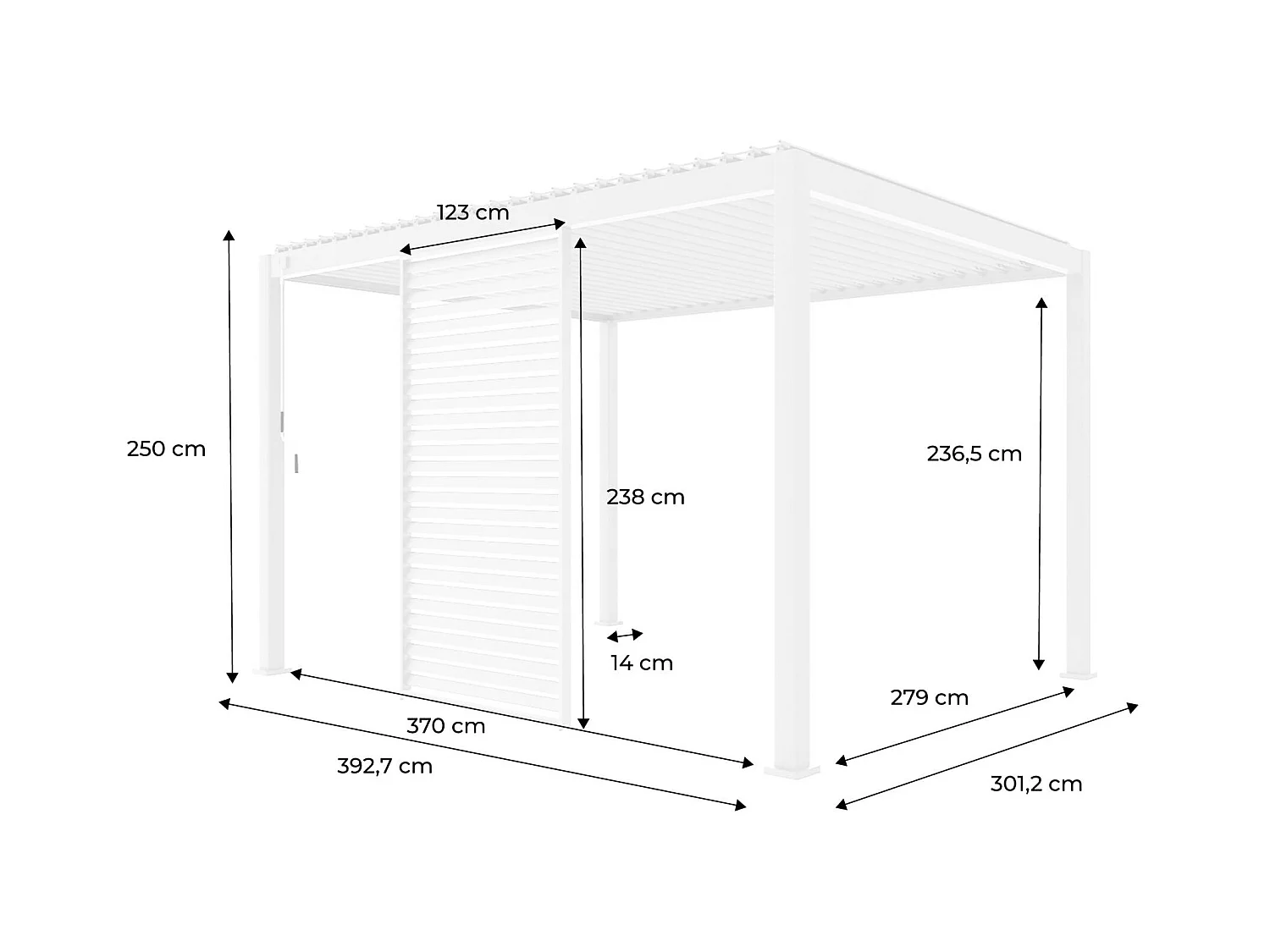 Persienne 130cm pour pergola bioclimatique Triomphe. côté 4m. panneau brise vue. aluminium. blanc
