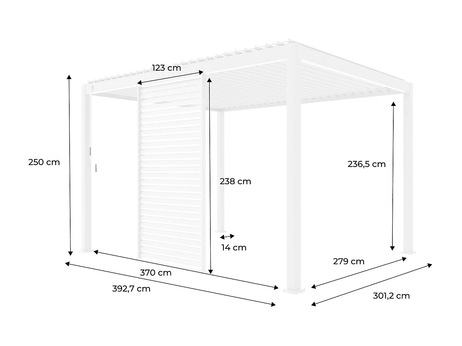 Persienne 130cm pour pergola bioclimatique Triomphe. côté 4m. panneau brise vue. aluminium. blanc