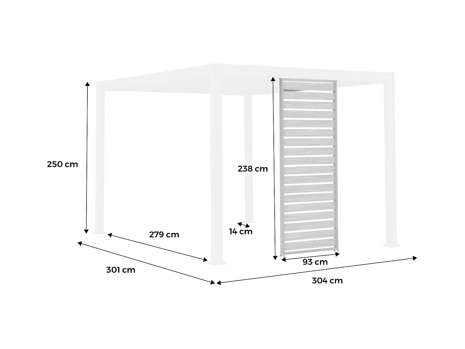 Persienne 100cm pour pergola bioclimatique Triomphe. côté 3m. panneau brise vue. aluminium. blanc