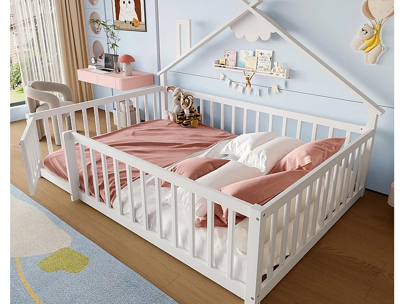 Kinderbed in hutstijl 140x190cm - met veiligheidsbarrières - massief hout - wit (zonder matras)