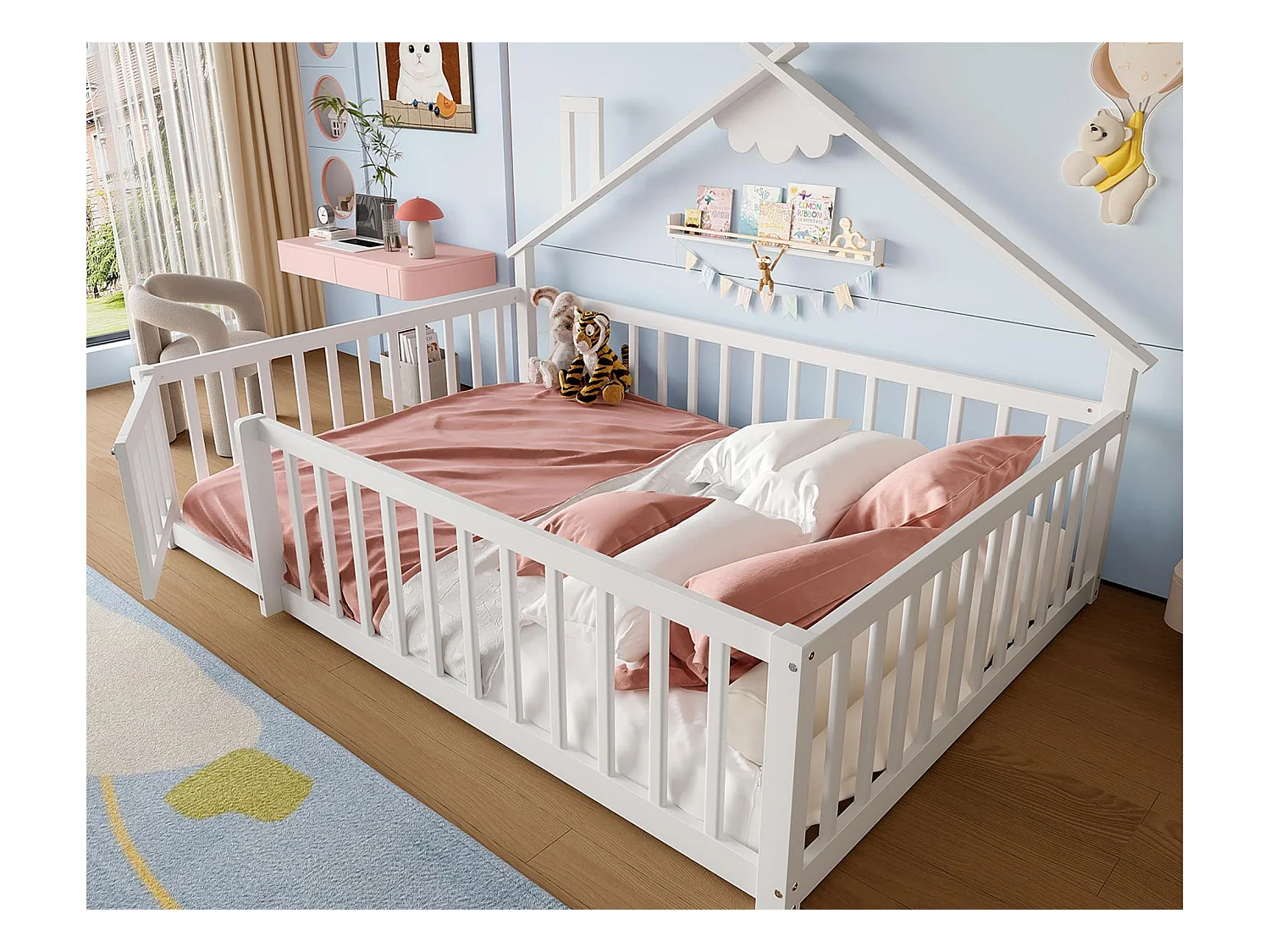 Kinderbed in hutstijl 140x190cm - met veiligheidsbarrières - massief hout - wit (zonder matras)