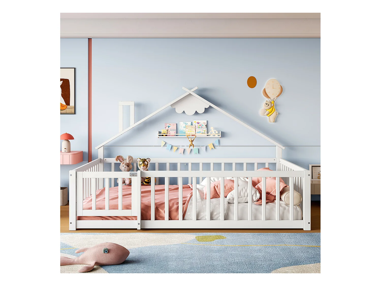 Kinderbed in hutstijl 140x190cm - met veiligheidsbarrières - massief hout - wit (zonder matras)