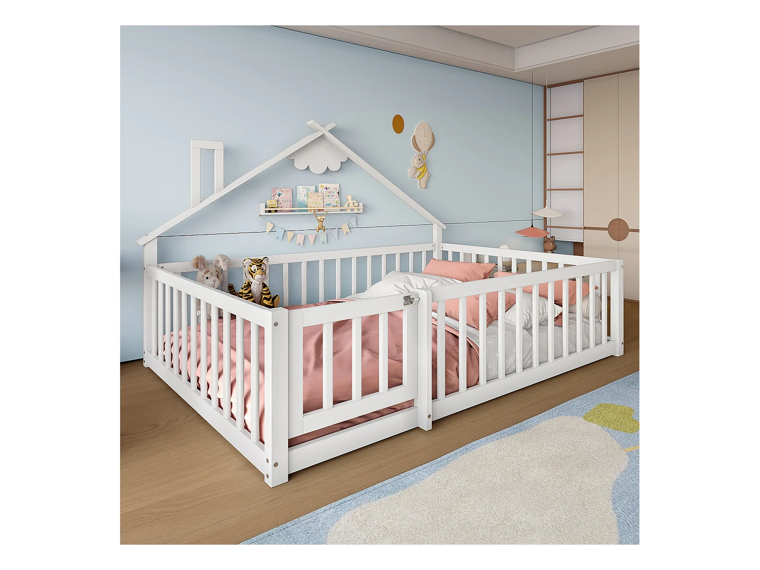 Kinderbed in hutstijl 140x190cm - met veiligheidsbarrières - massief hout - wit (zonder matras)