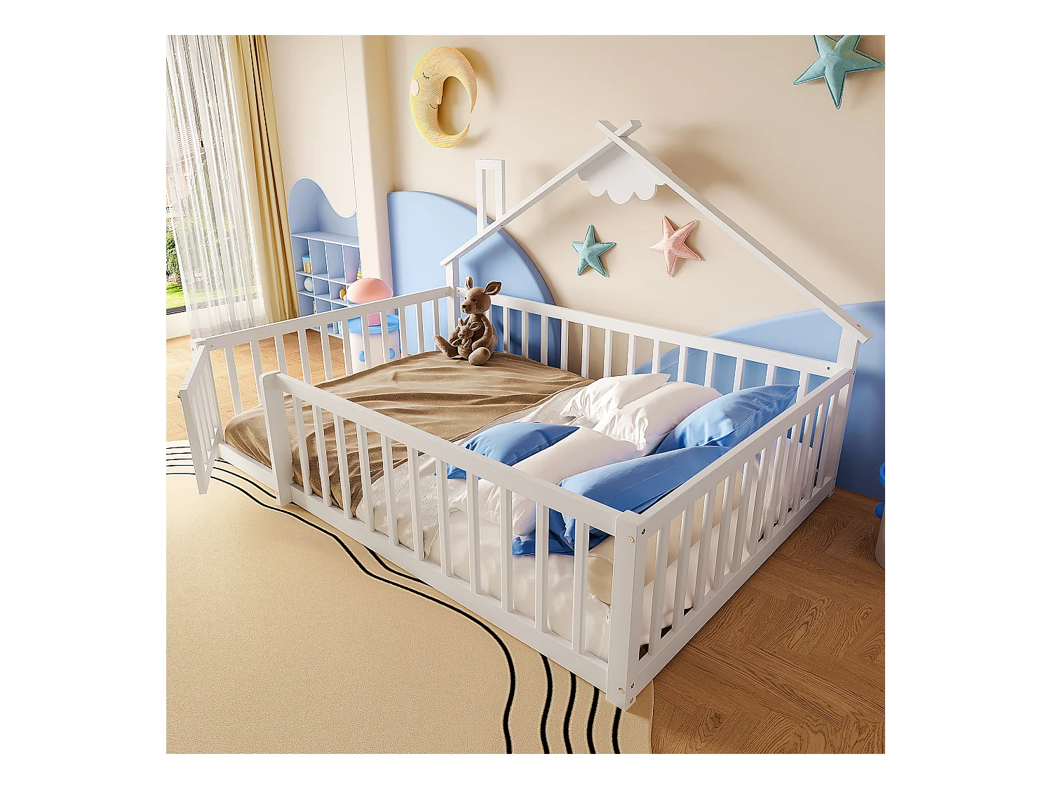 Kinderbed in hutstijl 140x190cm - met veiligheidsbarrières - massief hout - wit (zonder matras)