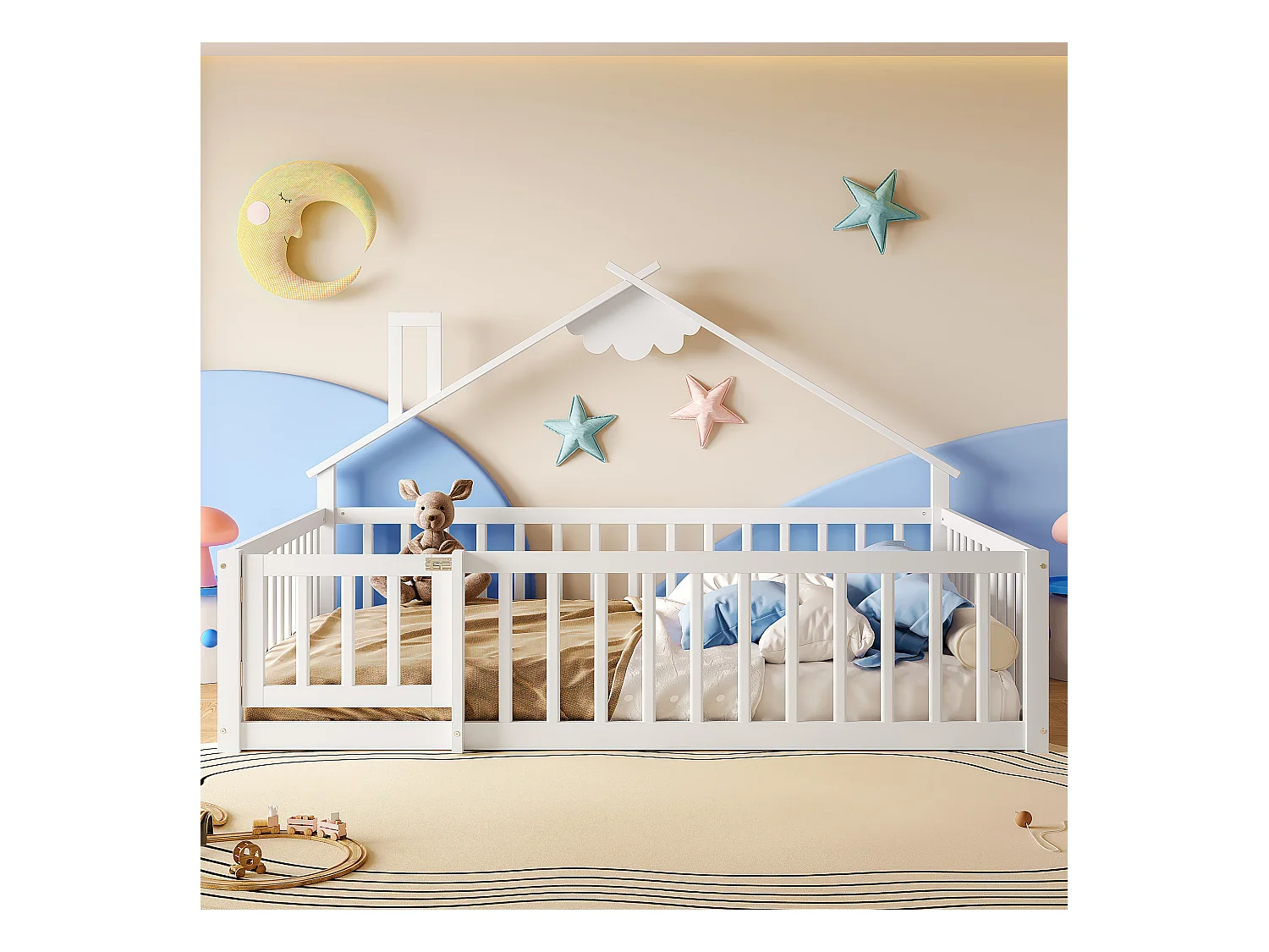 Kinderbed in hutstijl 140x190cm - met veiligheidsbarrières - massief hout - wit (zonder matras)